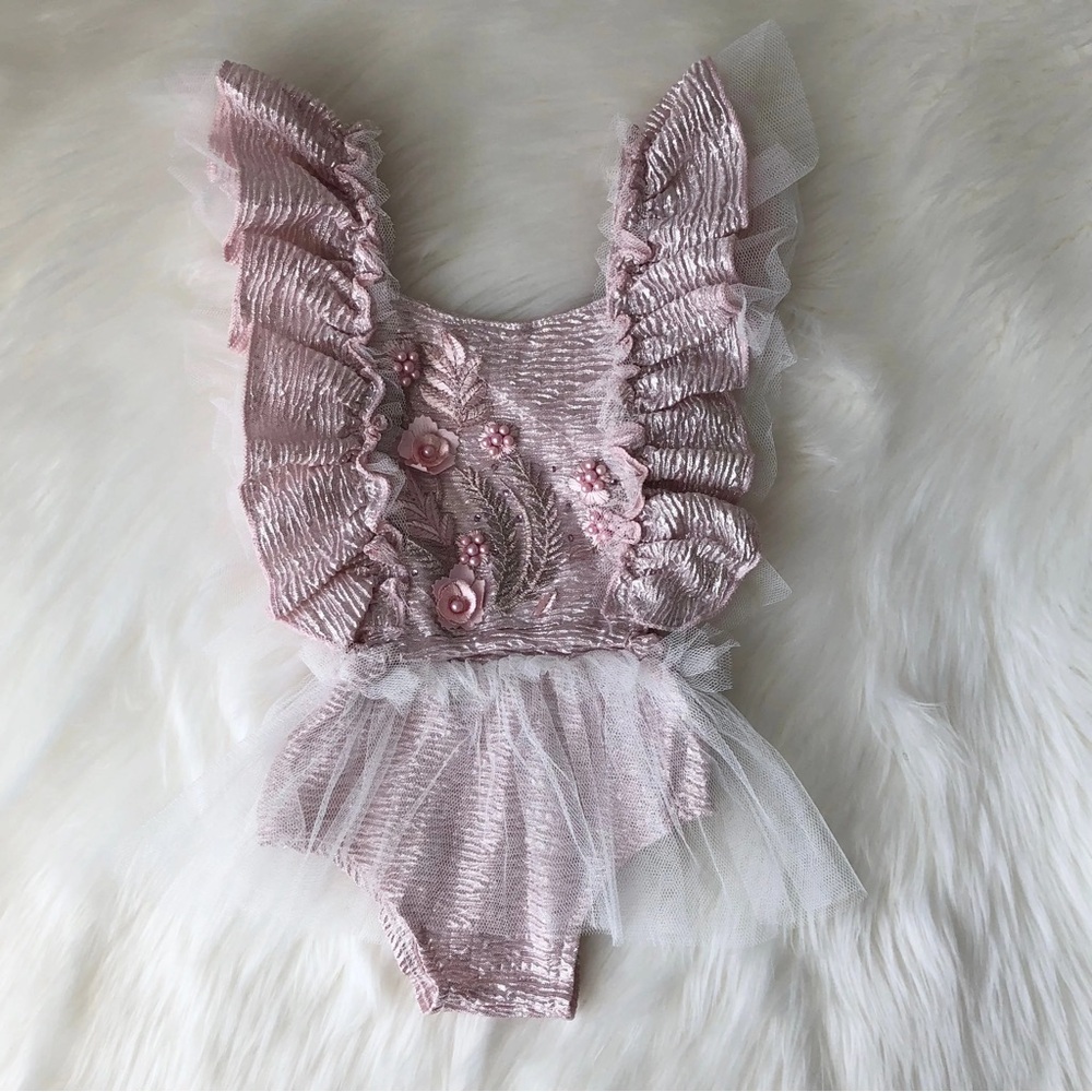 Pink Ruffled Tulle Baby Romper Embroidered Smash Cake Birthday Onesie
